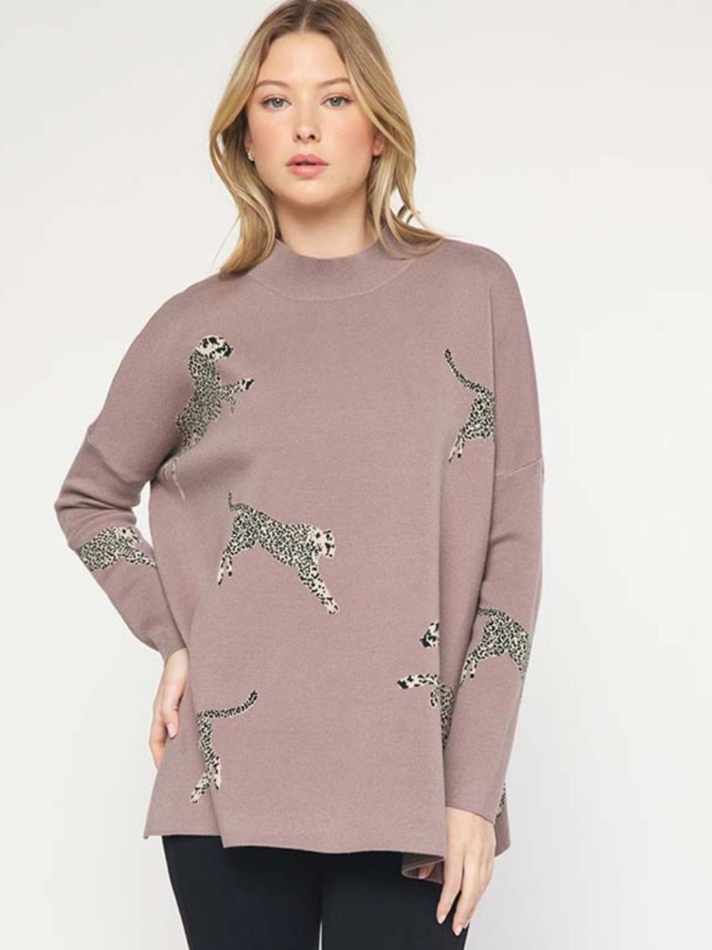 Entro NWT size XL Leopard Cat Print Mock Neck Sweater in Mocha Relaxed Fit